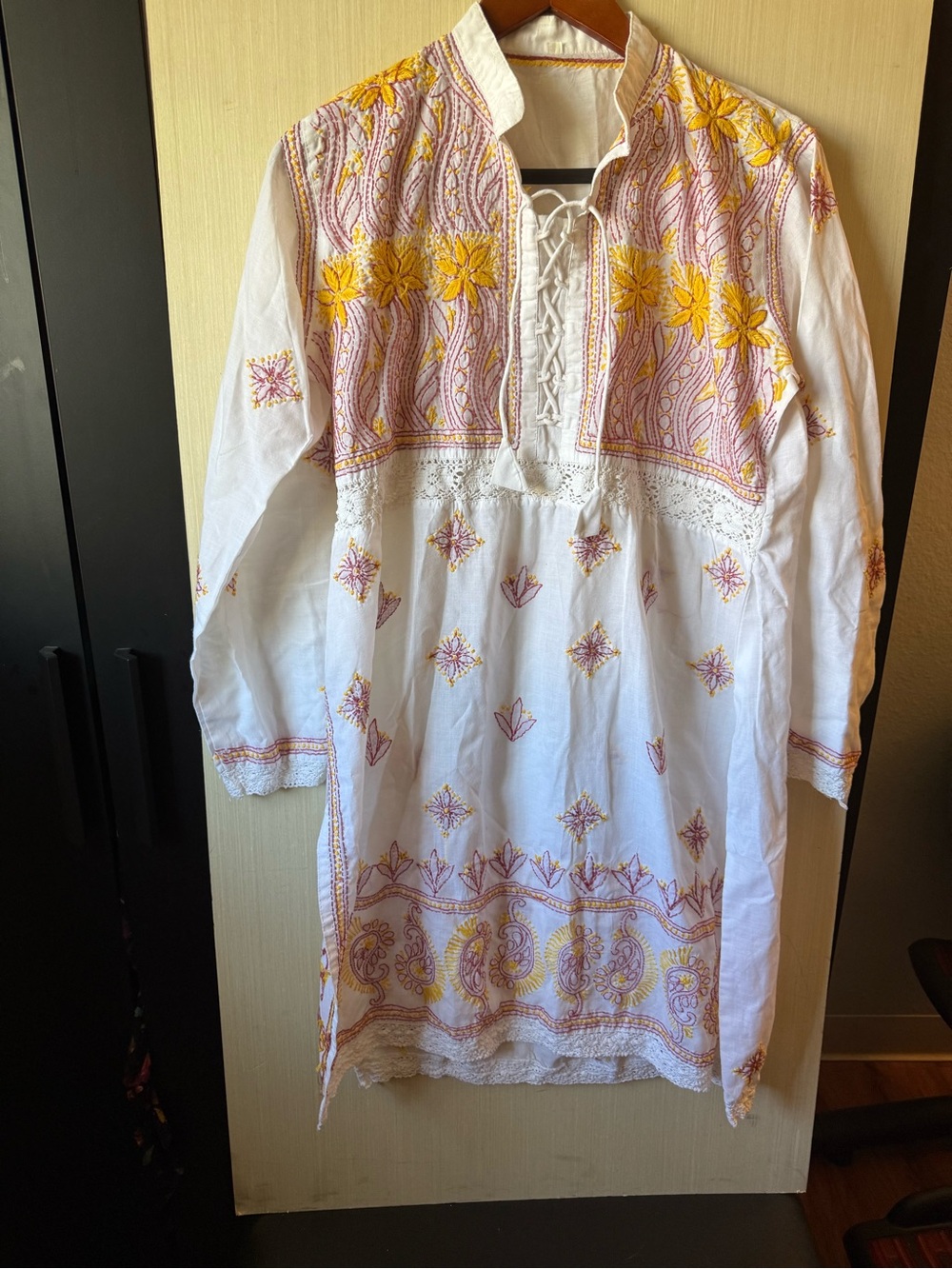 White Embroidered Tunic with Yellow & Lavender Floral Detail